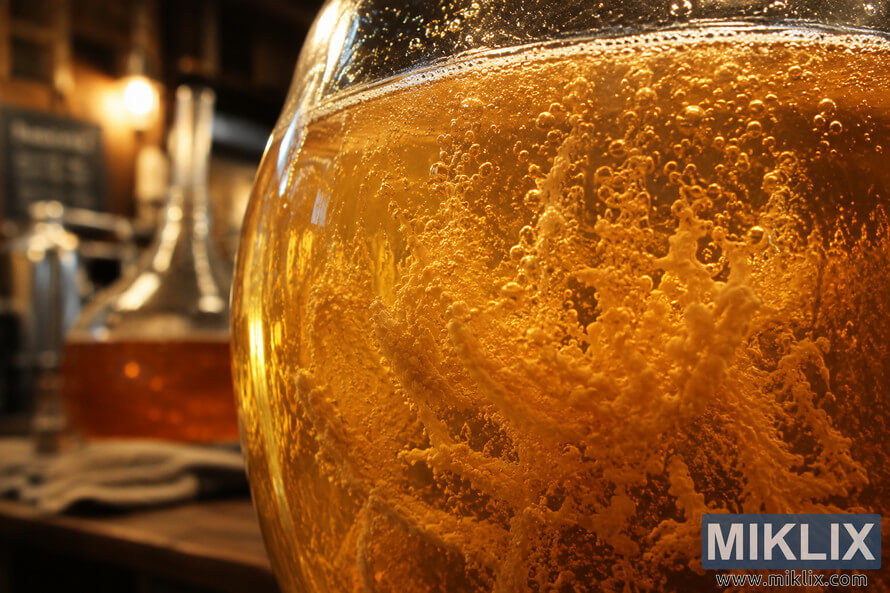 Close-up of yeast flocculation haze swirling through a fermenting golden beer inside a glass carboy, with bubbles rising and warm brewery lighting in a rustic brewing environment. Close-up of yeast flocculation haze swirling through a fermenting golden beer inside a glass carboy, with bubbles rising and warm brewery lighting in a rustic brewing environment.