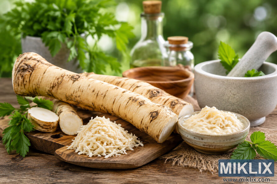 Fresh horseradish roots and grated horseradish arranged on a rustic wooden table beside a mortar and pestle, herbal leaves, glass bottles, and wellness ingredients in soft natural light.