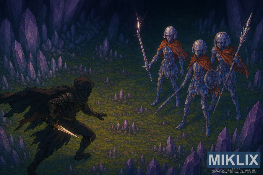 Anime-style fan art of the Tarnished fighting three Putrid Crystalians in a crystal cave from an elevated view