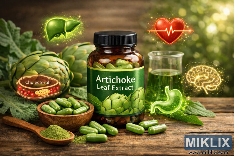 Artichoke leaf extract supplement bottle surrounded by fresh artichokes, green capsules, powdered extract, and glowing icons representing liver, heart, cholesterol, stomach, and brain health benefits on a rustic wooden surface. Artichoke leaf extract supplement bottle surrounded by fresh artichokes, green capsules, powdered extract, and glowing icons representing liver, heart, cholesterol, stomach, and brain health benefits on a rustic wooden surface.