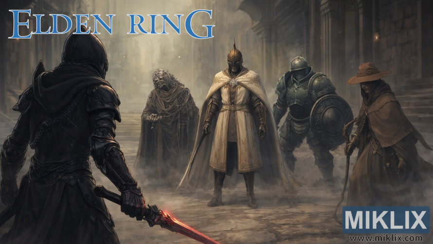 Dark fantasy fan art showing the Tarnished in Black Knife armor facing Needle Knight Leda and her allies in the ruins of Enir-Ilim before battle.