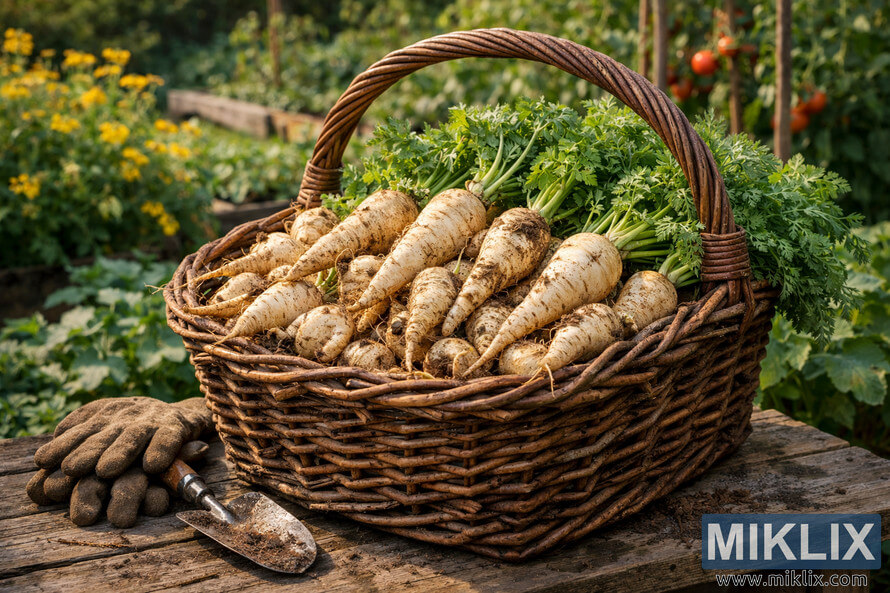 Wicker basket filled with freshly harvested parsnips resting on a wooden garden table with tools and vegetable beds in the background