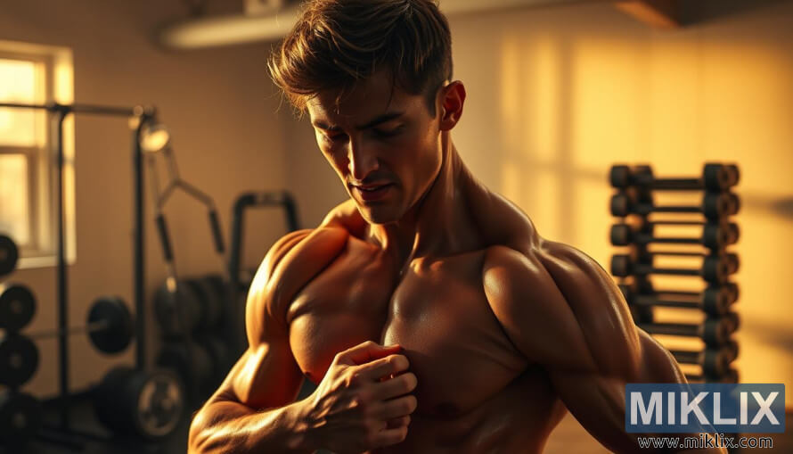 Atleta en pleno ejercicio con mÃºsculos definidos bajo una iluminaciÃ³n de alto contraste en un gimnasio.