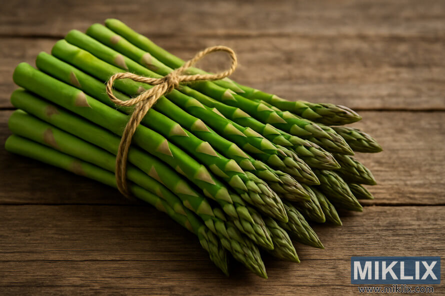 SveÅ¾enj sveÅ¾ih zelenih beluÅ¡ev, zvezanih z vrvico na rustikalni leseni povrÅ¡ini.