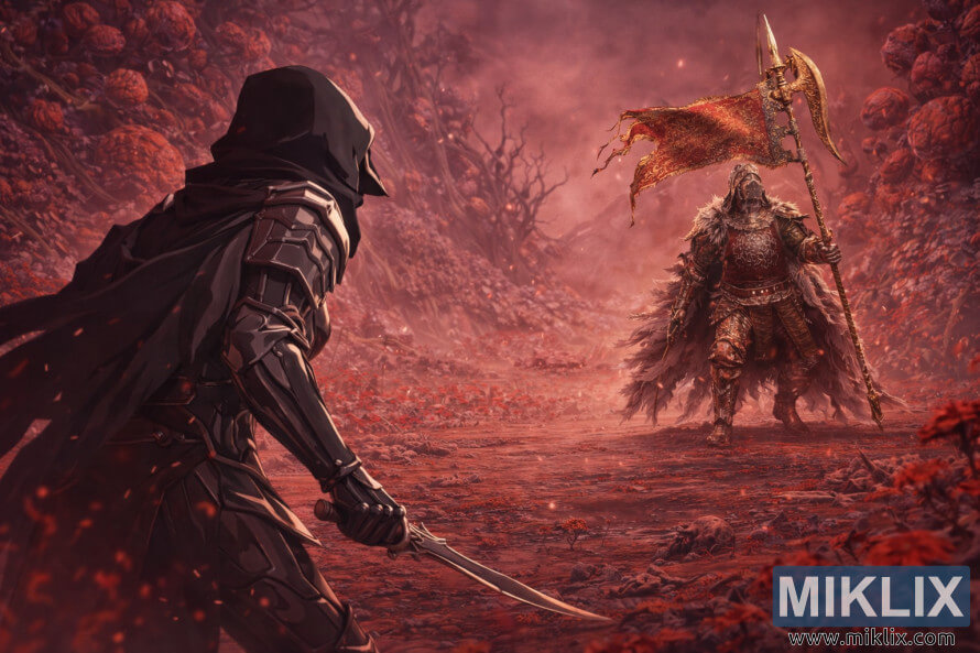 Ð¤Ð°Ð½-Ð°ÑÑ Ð² Ð°Ð½Ð¸Ð¼Ðµ-ÑÑÐ¸Ð»Ðµ, Ð¸Ð·Ð¾Ð±ÑÐ°Ð¶Ð°ÑÑÐ¸Ð¹ Ð´Ð¾ÑÐ¿ÐµÑÐ¸ Â«ÐÑÐºÐ²ÐµÑÐ½ÑÐ½Ð½Ð¾Ð³Ð¾ ÑÑÑÐ½ÑÐ¼ Ð½Ð¾Ð¶Ð¾Ð¼Â», ÑÐ½ÑÑÑÐµ ÑÐ¾ ÑÐ¿Ð¸Ð½Ñ, Ð¾ÑÑÐ¾ÑÐ¾Ð¶Ð½Ð¾ Ð¿ÑÐ¸Ð±Ð»Ð¸Ð¶Ð°ÑÑÐ¸ÐµÑÑ Ðº ÐºÐ¾Ð¼Ð°Ð½Ð´Ð¸ÑÑ Ð'ÐÐ¸Ð»Ñ Ð² ÐºÑÐ°ÑÐ½Ð¾Ð¼, Ð³Ð½Ð¸ÑÑÐµÐ¼ Ð±Ð¾Ð»Ð¾ÑÐµ Ð­Ð¾Ð½Ð¸Ð¸ Ð½ÐµÐ¿Ð¾ÑÑÐµÐ´ÑÑÐ²ÐµÐ½Ð½Ð¾ Ð¿ÐµÑÐµÐ´ Ð±Ð¸ÑÐ²Ð¾Ð¹.