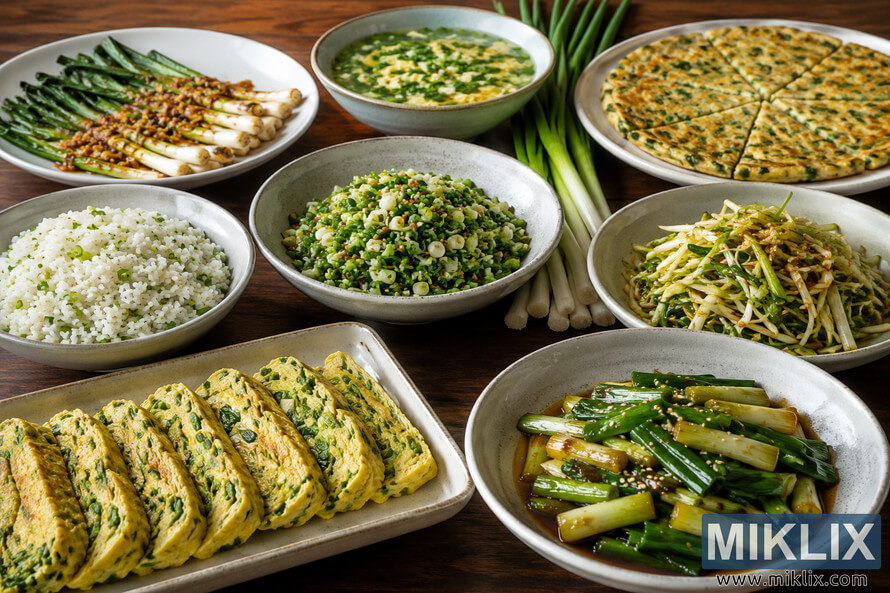 A high-resolution landscape photograph showing a beautifully arranged assortment of dishes centered around scallions and green onions. The rustic wooden table is covered with ceramic plates and bowls containing grilled scallions, scallion omelet slices, savory green onion pancakes, seasoned rice with chopped scallions, fresh scallion salad, soup with egg ribbons and scallions, and glazed braised scallions. Natural lighting highlights the vibrant greens and textures of the ingredients in a warm, inviting food photography composition.