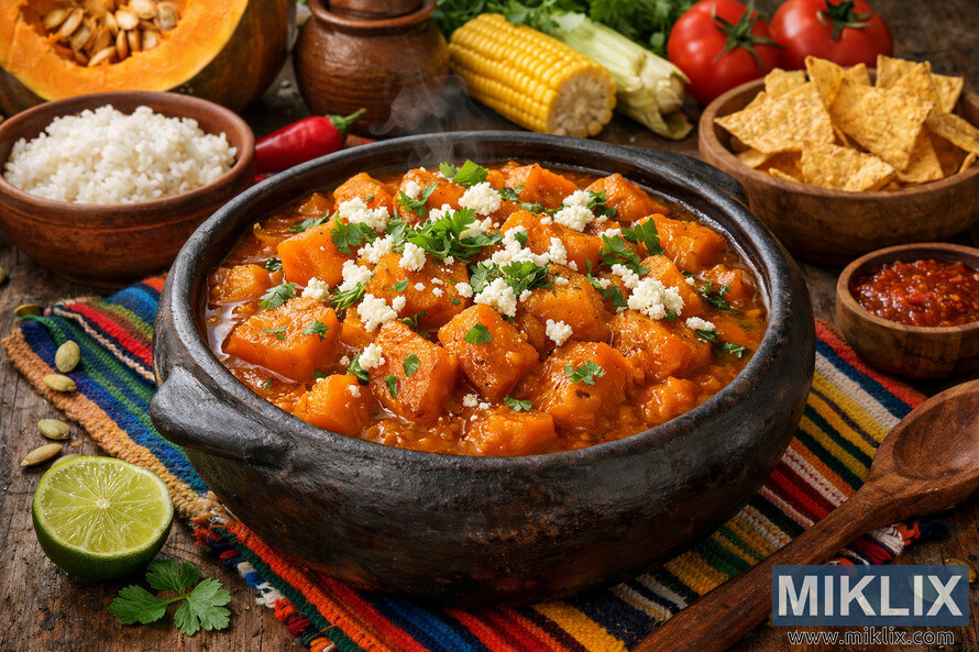 A rustic Latin American pumpkin stew served in a black earthenware pot, surrounded by rice, corn, chili peppers, tortilla chips, avocado slices, and tomatoes on a colorful woven textile.