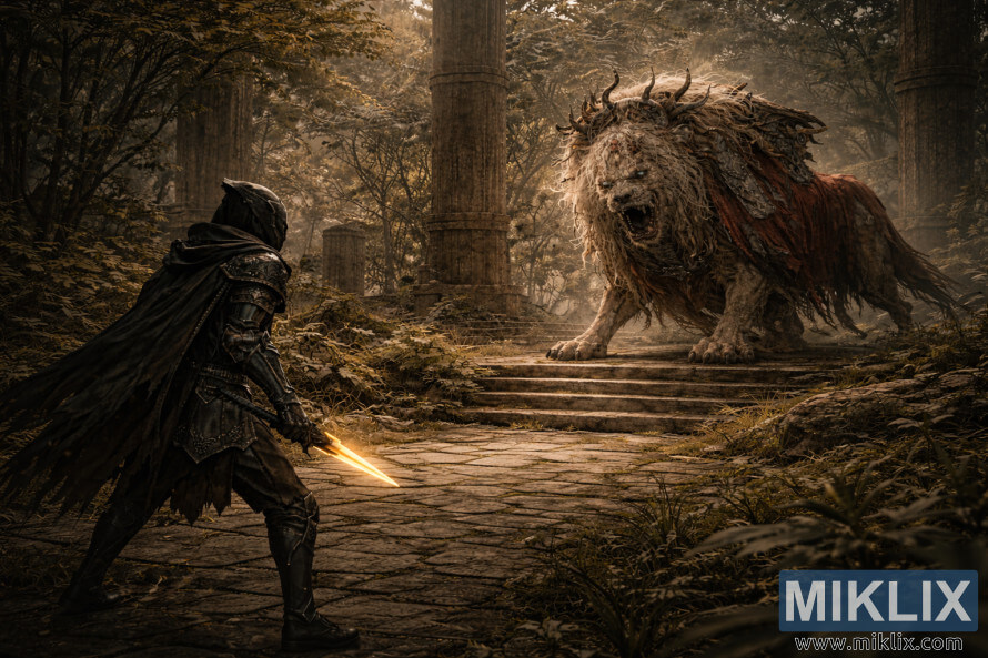 Realistic dark fantasy artwork showing the Tarnished from behind on the left, holding a glowing dagger while facing the towering Divine Beast Dancing Lion amid the overgrown Ancient Ruins of Rauh. Realistic dark fantasy artwork showing the Tarnished from behind on the left, holding a glowing dagger while facing the towering Divine Beast Dancing Lion amid the overgrown Ancient Ruins of Rauh.