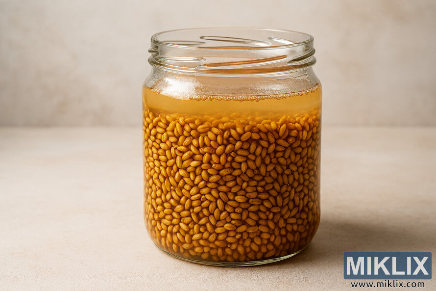 Glass jar filled with soaking wheat berries on a neutral countertop