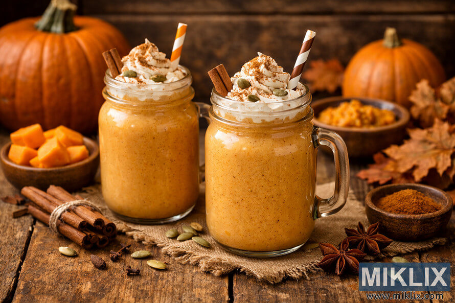 Two pumpkin smoothies in glass mason jars topped with whipped cream, cinnamon, and striped straws, surrounded by pumpkins, spices, and autumn leaves on a rustic wooden table.