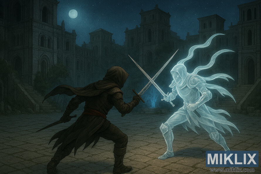 Fan art semi-rÃ©aliste des Sans-Ã©clatÃ©s combattant la Larme Mimique lumineuse dans Nokron Eternal City depuis le ciel