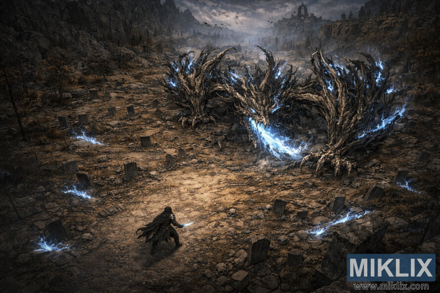 Vedere de sus, întunecatÄ, fantasticÄ, a unui mic Tarnished care se confruntÄ cu un Dragon Ghostflake masiv pe un câmp de luptÄ presÄrat cu morminte. Vedere de sus, întunecatÄ, fantasticÄ, a unui mic Tarnished care se confruntÄ cu un Dragon Ghostflake masiv pe un câmp de luptÄ presÄrat cu morminte.