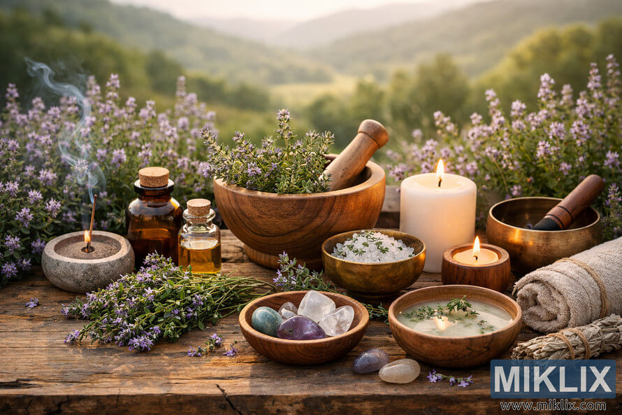 Outdoor holistic wellness scene on a rustic wooden surface surrounded by blooming thyme plants, featuring glass bottles of herbal oil, a stone incense holder with a lit incense stick, a wooden mortar and pestle filled with fresh thyme, a brass bowl of coarse sea salt with thyme, lit candles, a wooden bowl of polished crystals, a bundle of dried sage, ceramic bowls with dried herbs and a milky herbal infusion, a rolled linen towel, and a Tibetan singing bowl, all set against blurred rolling green hills in warm golden sunlight. Outdoor holistic wellness scene on a rustic wooden surface surrounded by blooming thyme plants, featuring glass bottles of herbal oil, a stone incense holder with a lit incense stick, a wooden mortar and pestle filled with fresh thyme, a brass bowl of coarse sea salt with thyme, lit candles, a wooden bowl of polished crystals, a bundle of dried sage, ceramic bowls with dried herbs and a milky herbal infusion, a rolled linen towel, and a Tibetan singing bowl, all set against blurred rolling green hills in warm golden sunlight.