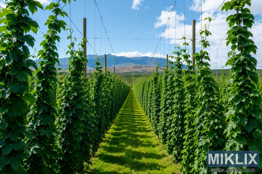Landscape photograph of a New Zealand hop farm featuring tall Rakau hop plants trained on trellis systems in long parallel rows. A grassy pathway runs through the center of the field toward distant mountains under a bright blue sky with scattered white clouds. Wooden poles and support wires frame the lush green agricultural scene.