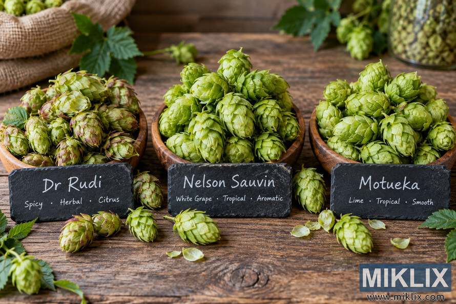 Three wooden bowls of Dr Rudi, Nelson Sauvin and Motueka hop cones displayed side by side on a rustic wooden table, with slate labels listing their sensory characteristics. Three wooden bowls of Dr Rudi, Nelson Sauvin and Motueka hop cones displayed side by side on a rustic wooden table, with slate labels listing their sensory characteristics.