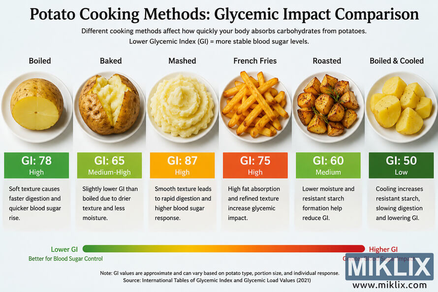 Landscape infographic comparing six potato cooking methods—boiled, baked, mashed, French fries, roasted, and boiled then cooled—with illustrative food photos, approximate glycemic index values, explanatory notes, and a color gradient indicating lower to higher glycemic impact. Landscape infographic comparing six potato cooking methods—boiled, baked, mashed, French fries, roasted, and boiled then cooled—with illustrative food photos, approximate glycemic index values, explanatory notes, and a color gradient indicating lower to higher glycemic impact.