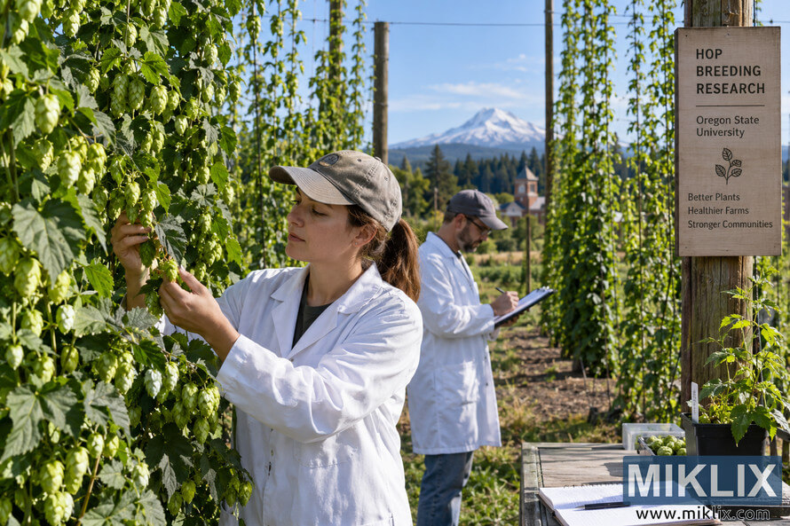 Two agricultural researchers examine and document hop plants in a sunlit experimental field, surrounded by tall trellised vines, research samples, a wooden hop breeding research sign, and a snow-covered mountain in the distance. Two agricultural researchers examine and document hop plants in a sunlit experimental field, surrounded by tall trellised vines, research samples, a wooden hop breeding research sign, and a snow-covered mountain in the distance.