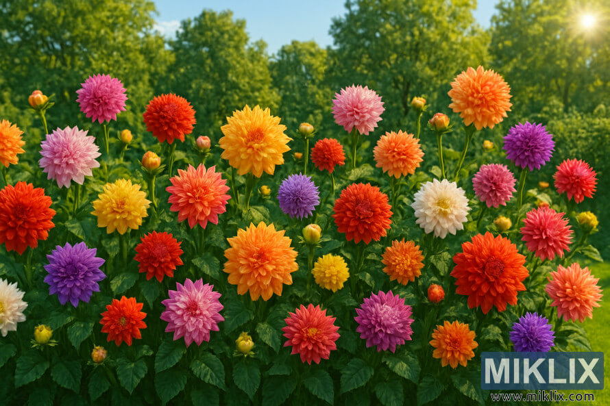 Fleurs de dahlia colorÃ©es en pleine floraison avec des teintes rouges, roses, jaunes et violettes sous la lumiÃ¨re du soleil.