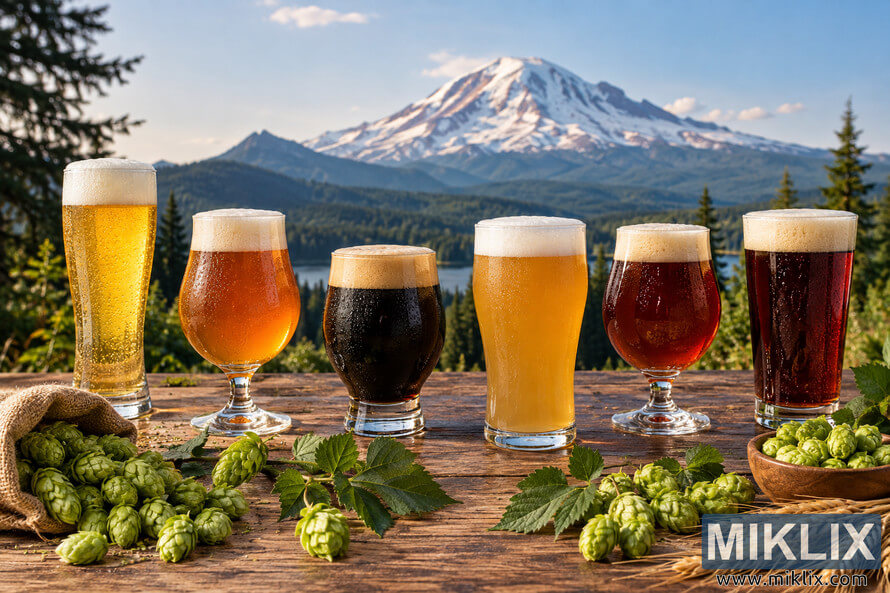 Six unbranded beer styles in assorted glassware on a rustic wooden table, surrounded by fresh green hops and golden grain, with a snow-covered Mount Rainier-like mountain, evergreen forest, and lake in the background. Six unbranded beer styles in assorted glassware on a rustic wooden table, surrounded by fresh green hops and golden grain, with a snow-covered Mount Rainier-like mountain, evergreen forest, and lake in the background.