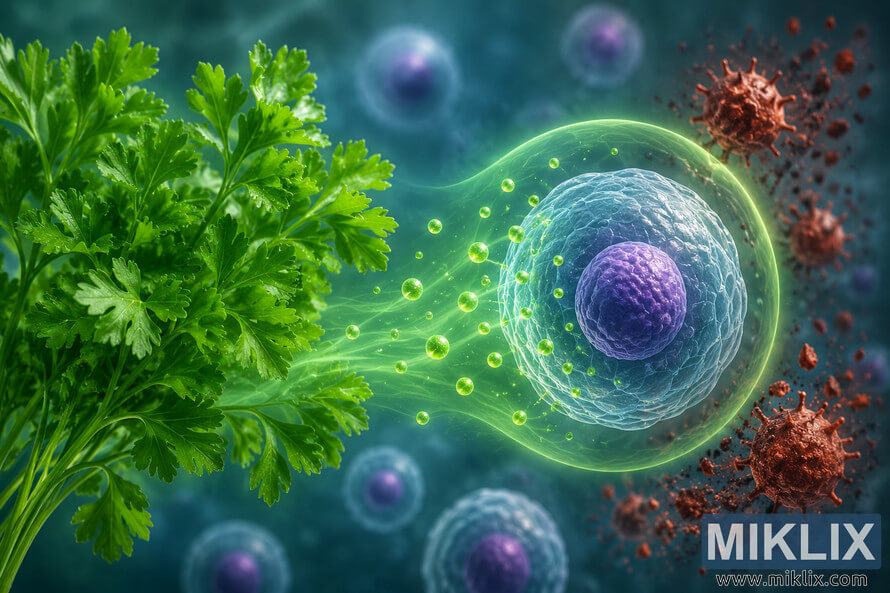 A detailed digital illustration showing fresh green parsley releasing antioxidant particles that protect a human body cell from harmful oxidative molecules in a microscopic environment. A detailed digital illustration showing fresh green parsley releasing antioxidant particles that protect a human body cell from harmful oxidative molecules in a microscopic environment.