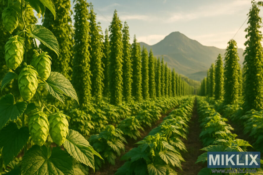 Vista panorÃ¢mica de um exuberante campo de lÃºpulo sob a luz dourada do sol, com pinhas verdejantes em primeiro plano e montanhas ao fundo.