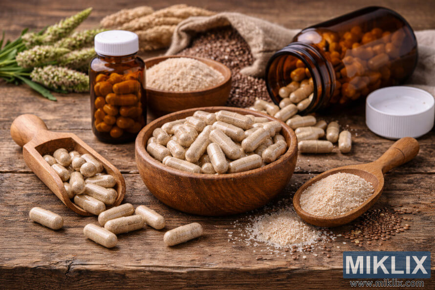 CÃ¡psulas de suplemento de psyllium en cuencos y palas de madera con botellas de color Ã¡mbar, semillas y polvo de cÃ¡scara sobre una mesa de madera rÃºstica.
