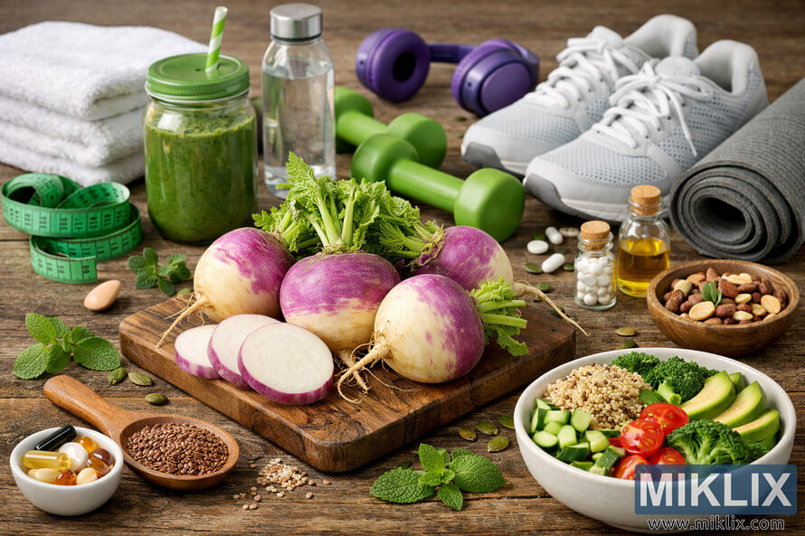 A landscape photo showing fresh turnips surrounded by wellness items such as a smoothie, yoga mat, dumbbells, and healthy foods on a rustic wooden surface. A landscape photo showing fresh turnips surrounded by wellness items such as a smoothie, yoga mat, dumbbells, and healthy foods on a rustic wooden surface.