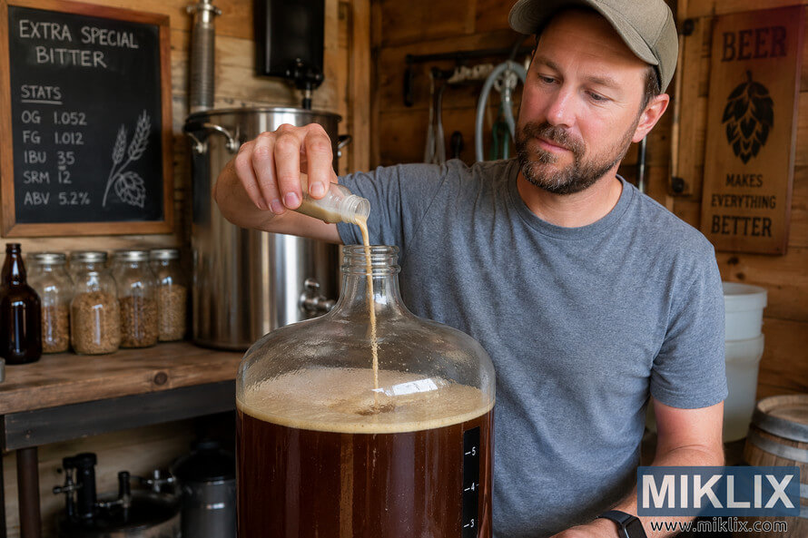 A focused homebrewer pours liquid yeast into a large stainless steel fermentation vessel filled with ESB beer wort inside a rustic wooden homebrewing workshop surrounded by brewing equipment and ingredients. A focused homebrewer pours liquid yeast into a large stainless steel fermentation vessel filled with ESB beer wort inside a rustic wooden homebrewing workshop surrounded by brewing equipment and ingredients.