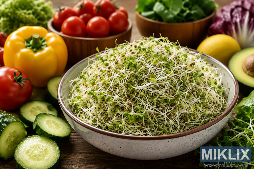 Close-up landscape photo of a ceramic bowl filled with fresh alfalfa sprouts surrounded by colorful vegetables including cucumbers, tomatoes, yellow bell pepper, avocado, lettuce, and leafy greens on a rustic wooden table in natural light.
