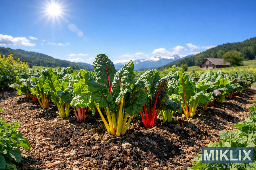 Swiss chard growing in neat garden rows under bright full sun with well-drained soil and mountains in the background.