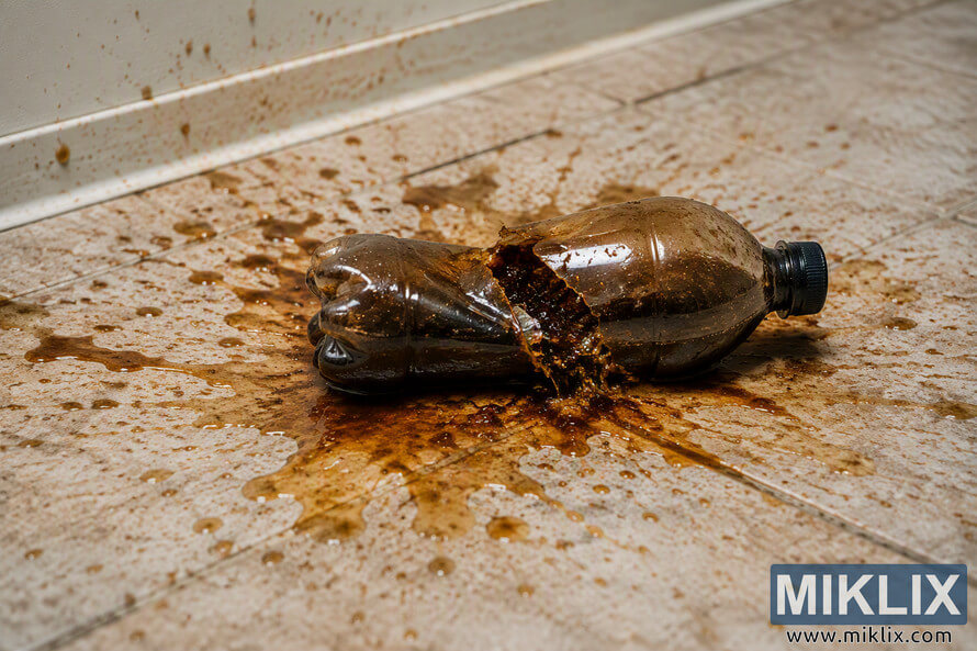 Landscape photograph showing a ruptured dark plastic beverage bottle lying on a light-colored tiled floor. Carbonated liquid has spilled across the surrounding surface, creating splashes and droplets extending toward a baseboard along the wall. The bottle appears split near the center due to internal pressure from over-carbonation. Landscape photograph showing a ruptured dark plastic beverage bottle lying on a light-colored tiled floor. Carbonated liquid has spilled across the surrounding surface, creating splashes and droplets extending toward a baseboard along the wall. The bottle appears split near the center due to internal pressure from over-carbonation.