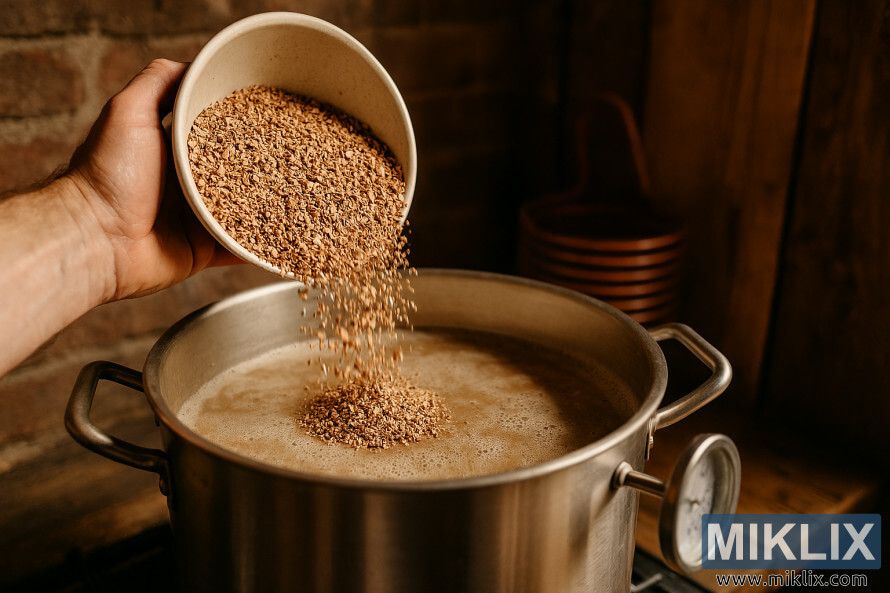 Close-up Malt Cokelat Pucat yang dihancurkan dituangkan ke dalam panci tumbuk dalam pengaturan pembuatan bir rumahan pedesaan
