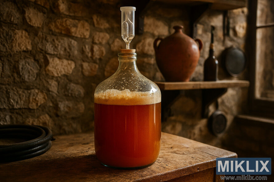 Glass carboy fermenting Belgian ale in a rustic stone-walled homebrewing workshop Glass carboy fermenting Belgian ale in a rustic stone-walled homebrewing workshop