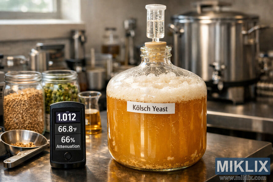 Glass fermentation vessel labeled KÃ¶lsch Yeast with active fermentation and digital hydrometer reading attenuation in a professional brewing lab.