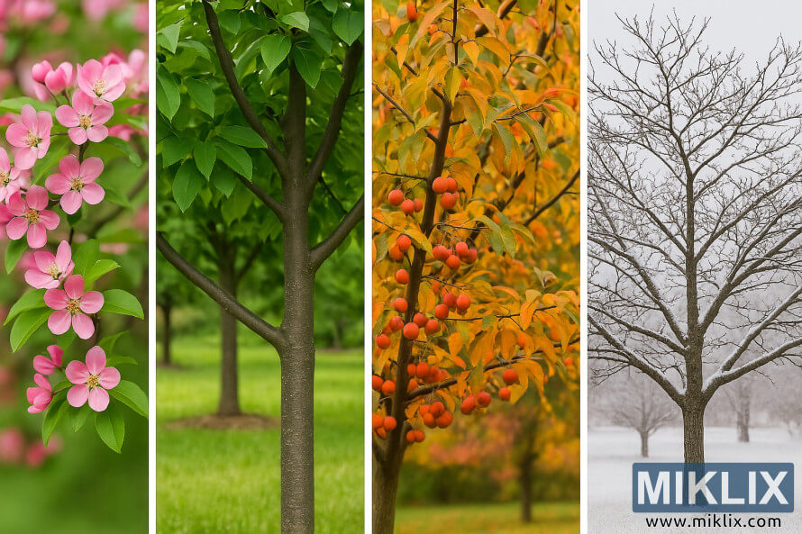Quatre vues saisonniÃ¨res dâun pommier montrant les fleurs printaniÃ¨res, le feuillage dâÃ©tÃ©, les fruits dâautomne et la structure hivernale.
