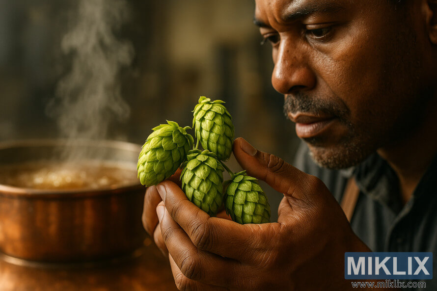 Brewer examines fresh African Queen hop cones by hand near a steaming copper brewpot under warm golden light. Brewer examines fresh African Queen hop cones by hand near a steaming copper brewpot under warm golden light.