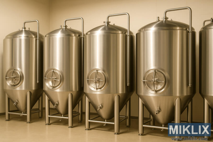 Rad veÄ¾kÃ½ch kuÅ¾eÄ¾ovÃ½ch fermentaÄnÃ½ch tankov z nehrdzavejÃºcej ocele v Äistom pivovare.