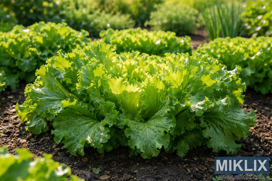 Broad-leaf escarole growing in rich soil in a sunlit vegetable garden, with ruffled green leaves and a pale yellow center.
