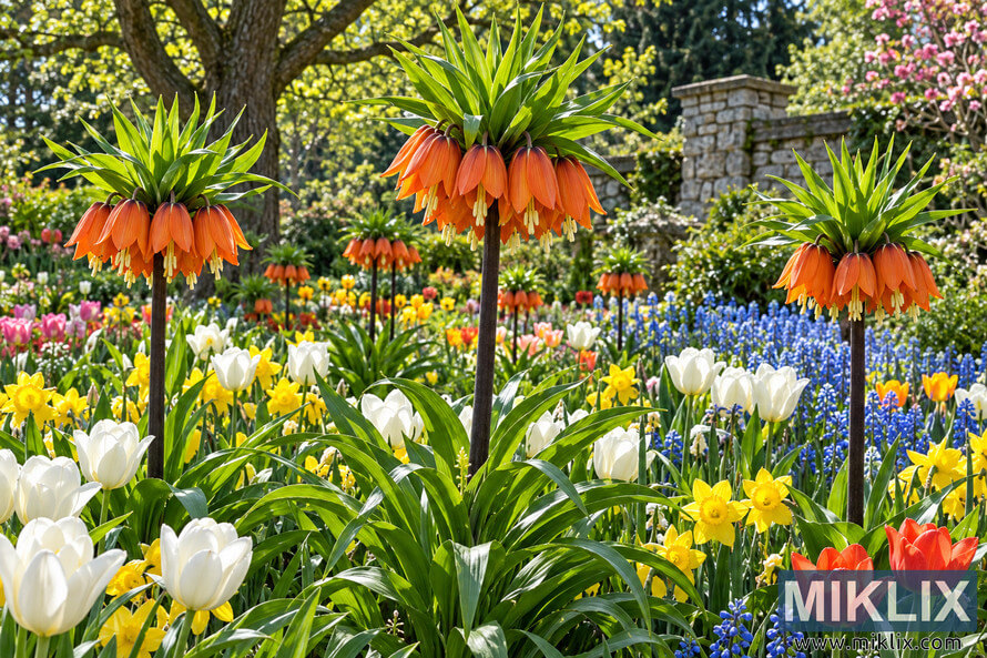 Tall orange crown imperials rise above white tulips, yellow daffodils and blue flowers in a lush, sunlit spring garden. Tall orange crown imperials rise above white tulips, yellow daffodils and blue flowers in a lush, sunlit spring garden.