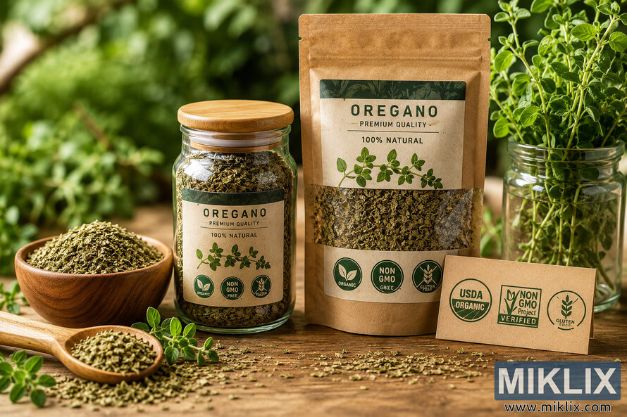 High-resolution landscape image of premium oregano products displayed on a rustic wooden table, featuring dried oregano in kraft paper packaging, glass jars, wooden bowls, fresh oregano sprigs, and visible organic and non-GMO style certification labels in a natural green setting. High-resolution landscape image of premium oregano products displayed on a rustic wooden table, featuring dried oregano in kraft paper packaging, glass jars, wooden bowls, fresh oregano sprigs, and visible organic and non-GMO style certification labels in a natural green setting.