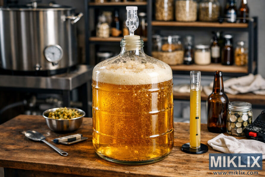 Glass carboy of lager fermenting on a wooden table with airlock, hydrometer jar, hops, and brewing tools in a modern home brewery.