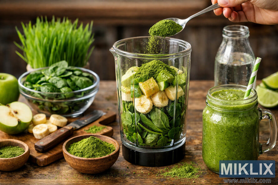 A rustic kitchen countertop scene showing a clear blender jar filled with spinach, banana slices, and green apple chunks while a hand sprinkles vibrant green wheatgrass powder from a stainless steel spoon into the jar. Around the blender are a glass bowl of fresh spinach, a wooden cutting board with a halved green apple, banana slices, a knife, a jar of wheatgrass powder with a wooden scoop, a small wooden bowl of powder, a jar of wheatgrass juice, a bundle of fresh wheatgrass, a condensation-covered glass water bottle, lime wedges, and a mason jar filled with a frothy green smoothie with a green and white striped paper straw. A rustic kitchen countertop scene showing a clear blender jar filled with spinach, banana slices, and green apple chunks while a hand sprinkles vibrant green wheatgrass powder from a stainless steel spoon into the jar. Around the blender are a glass bowl of fresh spinach, a wooden cutting board with a halved green apple, banana slices, a knife, a jar of wheatgrass powder with a wooden scoop, a small wooden bowl of powder, a jar of wheatgrass juice, a bundle of fresh wheatgrass, a condensation-covered glass water bottle, lime wedges, and a mason jar filled with a frothy green smoothie with a green and white striped paper straw.