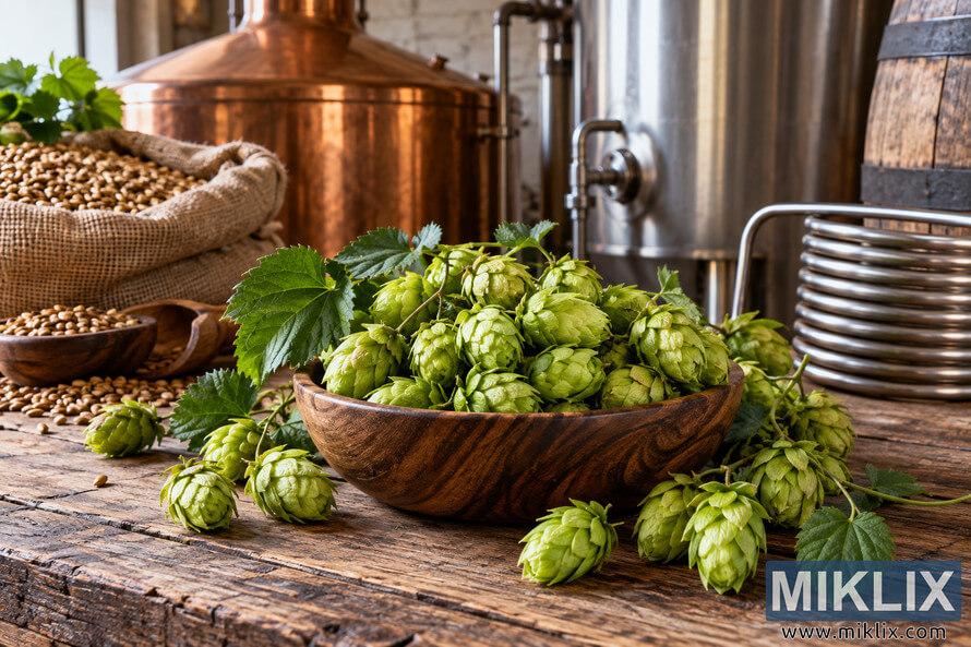 Fresh green hop cones overflowing from a dark wooden bowl on a weathered rustic table, surrounded by malted grain, burlap sacks, copper and stainless-steel brewing vessels, a metal cooling coil, and a wooden barrel in warm natural light. Fresh green hop cones overflowing from a dark wooden bowl on a weathered rustic table, surrounded by malted grain, burlap sacks, copper and stainless-steel brewing vessels, a metal cooling coil, and a wooden barrel in warm natural light.