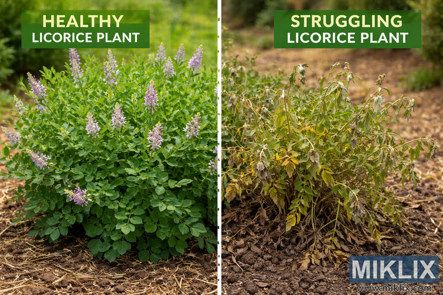 Side-by-side comparison of a healthy green licorice plant with purple flowers and a wilted, yellowing struggling licorice plant in dry soil. Side-by-side comparison of a healthy green licorice plant with purple flowers and a wilted, yellowing struggling licorice plant in dry soil.