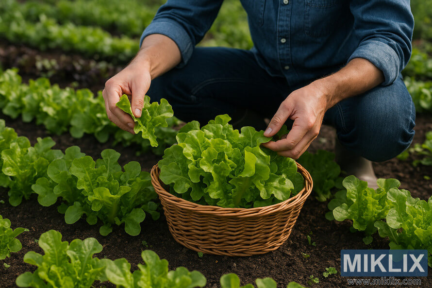 Gardener harvesting vibrant green lettuce leaves from a garden bed
