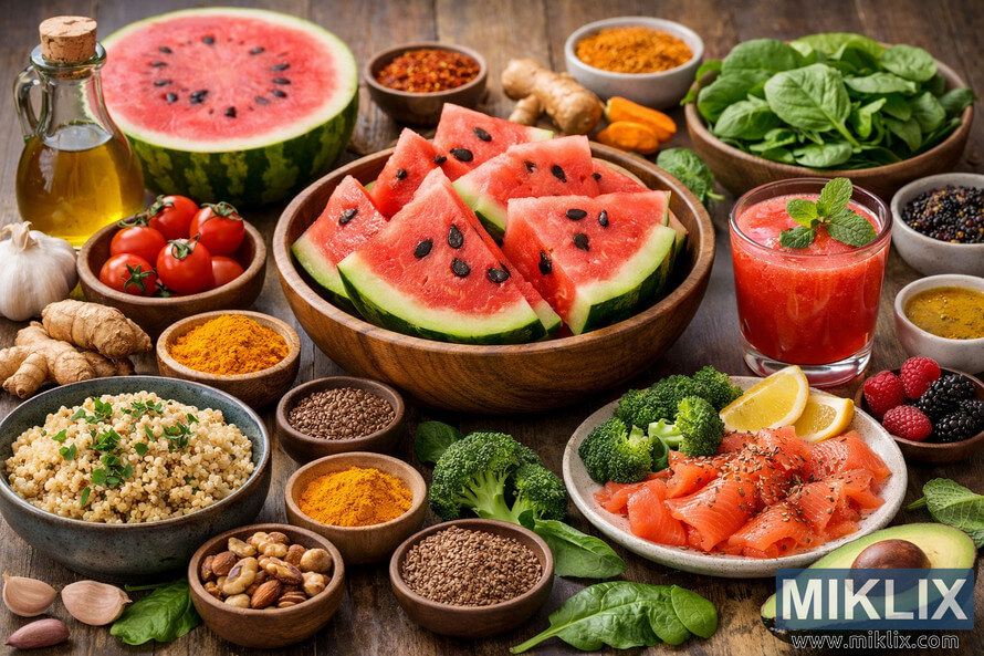 A vibrant landscape photo of anti-inflammatory foods arranged on a rustic wooden table, centered around a bowl of sliced watermelon surrounded by healthy ingredients like olive oil, turmeric, quinoa, avocado, salmon, leafy greens, and berries. A vibrant landscape photo of anti-inflammatory foods arranged on a rustic wooden table, centered around a bowl of sliced watermelon surrounded by healthy ingredients like olive oil, turmeric, quinoa, avocado, salmon, leafy greens, and berries.