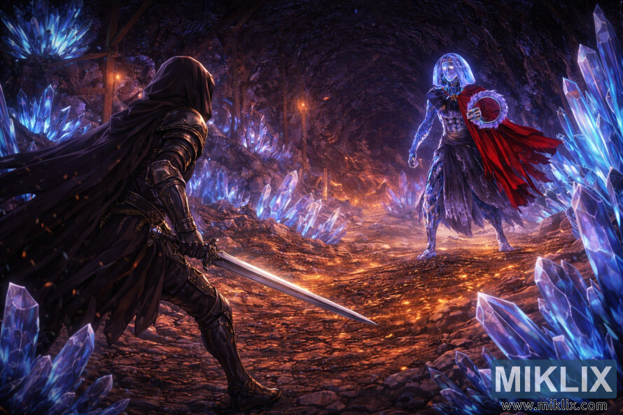 Arte de fÃ£ de Elden Ring em estilo anime, mostrando o Tarnished de costas, com uma espada, encarando o chefe Crystaliano no TÃºnel de Cristal Raya Lucaria, repleto de cristais.