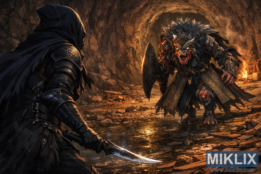 Anime stÃ­lusÃº kÃ©p a Fekete KÃ©s PÃ¡ncÃ©lzatrÃ³l balrÃ³l hÃ¡tulrÃ³l, amint Ã³vatosan nÃ©z szembe Farum Azule BeastmanjÃ©vel egy halvÃ¡ny, tÅ±zzel megvilÃ¡gÃ­tott barlangban.