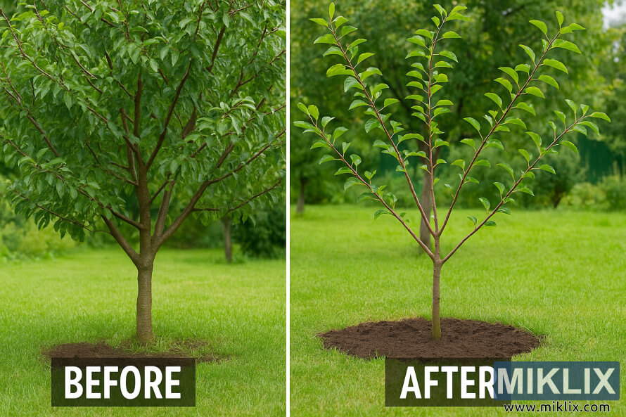 Kolase foto pohon plum sebelum dan sesudah, memperlihatkan bentuk pohon yang tumbuh terlalu besar dibandingkan dengan bentuk pohon yang dipangkas.