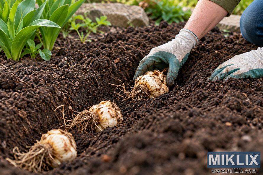 Gloved gardener positioning pale Crown Imperial bulbs on their sides in a trench of freshly prepared dark garden soil. Gloved gardener positioning pale Crown Imperial bulbs on their sides in a trench of freshly prepared dark garden soil.